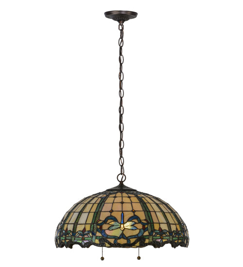 Meyda Lighting Dragonfly 20" 2-Light Mahogany Bronze Trellis Pendant Light With Multi-Colored Shade Glass