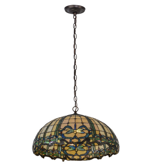 Meyda Lighting Dragonfly 20" 2-Light Mahogany Bronze Trellis Pendant Light With Multi-Colored Shade Glass