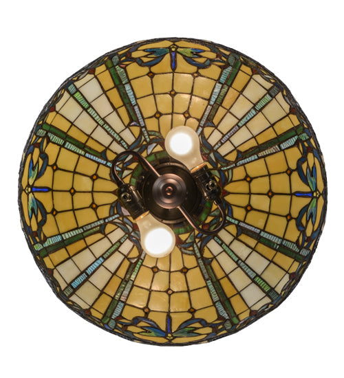 Meyda Lighting Dragonfly 20" 2-Light Mahogany Bronze Trellis Pendant Light With Multi-Colored Shade Glass