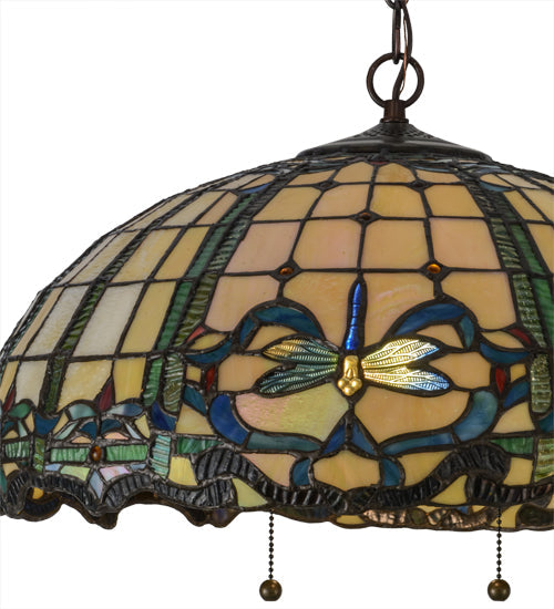 Meyda Lighting Dragonfly 20" 2-Light Mahogany Bronze Trellis Pendant Light With Multi-Colored Shade Glass