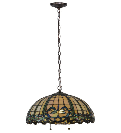 Meyda Lighting Dragonfly 20" 2-Light Mahogany Bronze Trellis Pendant Light With Multi-Colored Shade Glass