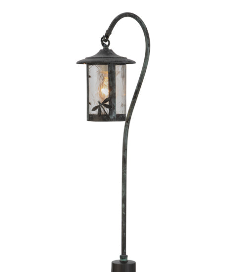 Meyda Lighting Dragonfly 26" Craftsman Verdigris Shepherd's Hook Landscape Fixture With Clear Leaf Shade Glass