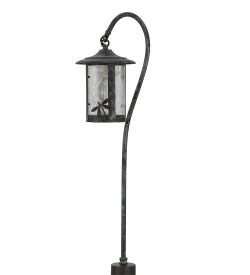 Meyda Lighting Dragonfly 26" Craftsman Verdigris Shepherd's Hook Landscape Fixture With Clear Leaf Shade Glass
