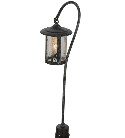 Meyda Lighting Dragonfly 26" Craftsman Verdigris Shepherd's Hook Landscape Fixture With Clear Leaf Shade Glass
