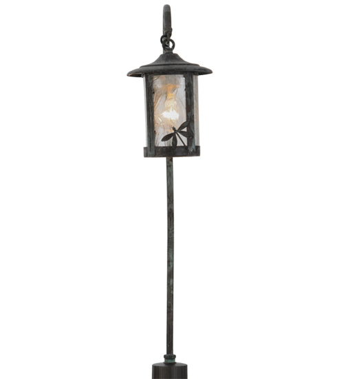 Meyda Lighting Dragonfly 26" Craftsman Verdigris Shepherd's Hook Landscape Fixture With Clear Leaf Shade Glass