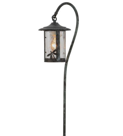Meyda Lighting Dragonfly 26" Craftsman Verdigris Shepherd's Hook Landscape Fixture With Clear Leaf Shade Glass