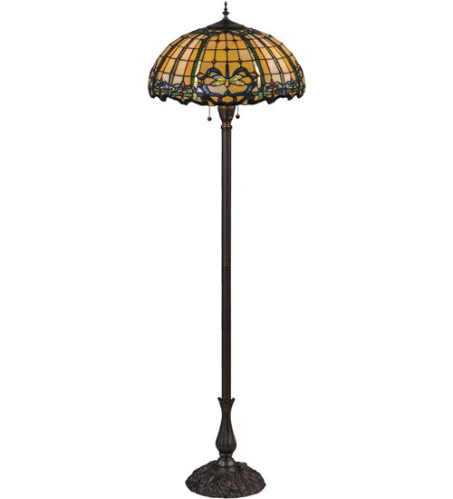 Meyda Lighting Dragonfly 63" 3-Light Mahogany Bronze Trellis Floor Lamp With Multi-Colored Shade Glass