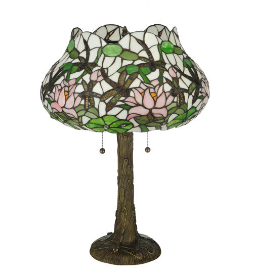 Meyda Lighting Dragonfly Flower 23" 2-Light Mahogany Bronze Table Lamp With Multi-Colored Shade Glass