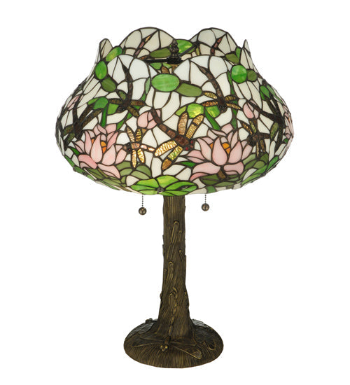 Meyda Lighting Dragonfly Flower 23" 2-Light Mahogany Bronze Table Lamp With Multi-Colored Shade Glass