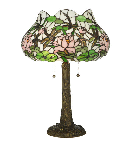 Meyda Lighting Dragonfly Flower 23" 2-Light Mahogany Bronze Table Lamp With Multi-Colored Shade Glass