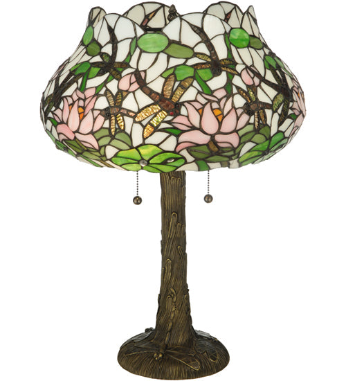 Meyda Lighting Dragonfly Flower 23" 2-Light Mahogany Bronze Table Lamp With Multi-Colored Shade Glass