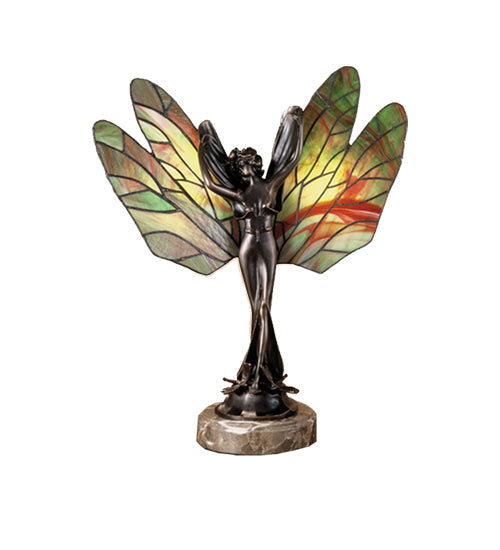 Meyda Lighting Dragonfly Lady 22" 2-Light Mahogany Bronze Accent Table Lamp With Amber & Green Stained Shade Glass