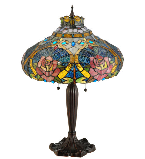 Meyda Lighting Dragonfly Rose 26" 3-Light Mahogany Bronze Table Lamp With Multi-Colored Shade Glass