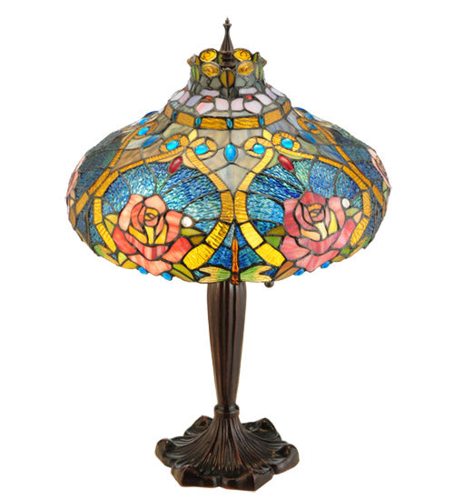 Meyda Lighting Dragonfly Rose 26" 3-Light Mahogany Bronze Table Lamp With Multi-Colored Shade Glass