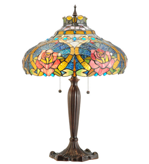 Meyda Lighting Dragonfly Rose 26" 3-Light Mahogany Bronze Table Lamp With Multi-Colored Shade Glass