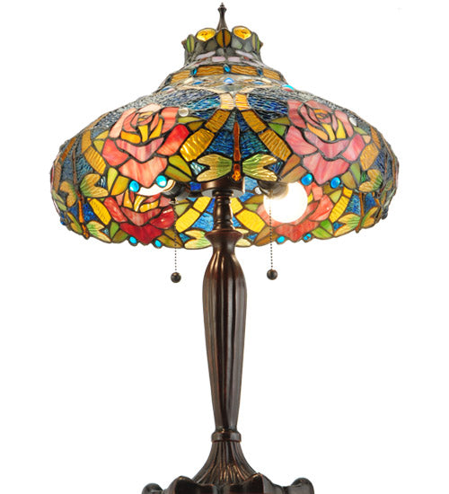 Meyda Lighting Dragonfly Rose 26" 3-Light Mahogany Bronze Table Lamp With Multi-Colored Shade Glass