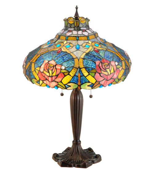 Meyda Lighting Dragonfly Rose 26" 3-Light Mahogany Bronze Table Lamp With Multi-Colored Shade Glass
