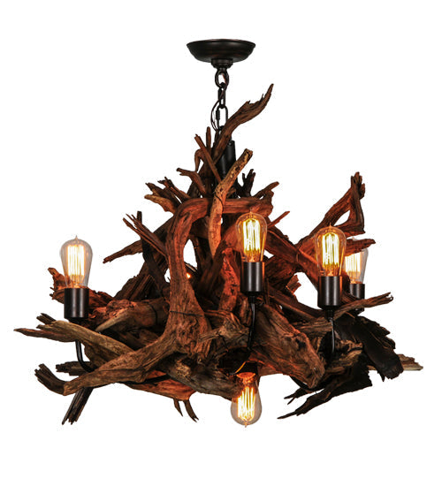Meyda Lighting Driftwood 30" 6-Light Mahogany Bronze and Natural Wood Chandelier