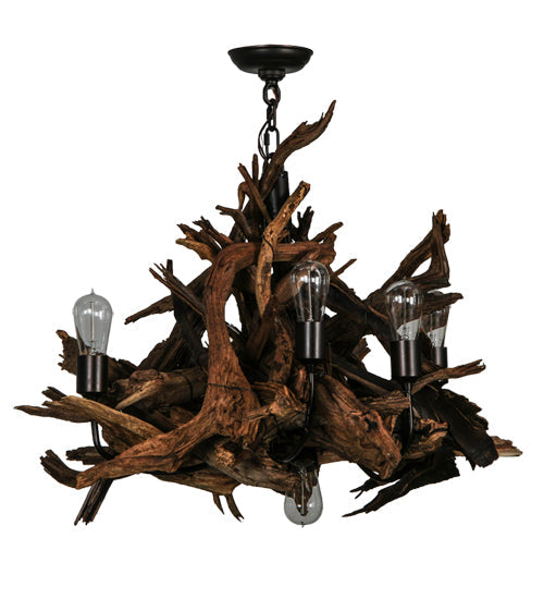 Meyda Lighting Driftwood 30" 6-Light Mahogany Bronze and Natural Wood Chandelier