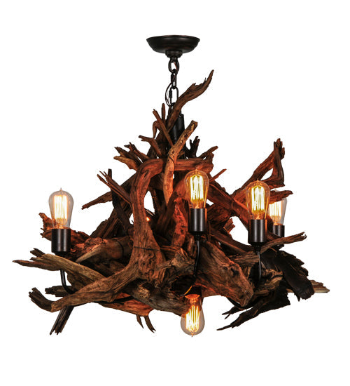 Meyda Lighting Driftwood 30" 6-Light Mahogany Bronze and Natural Wood Chandelier