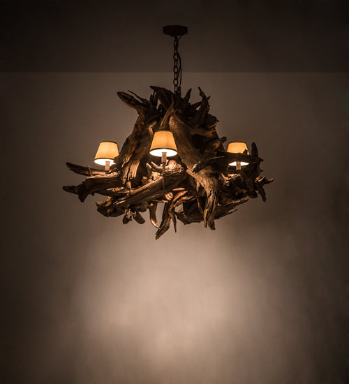Meyda Lighting Driftwood 40" 6-Light Natural Wood & Rusty Nail Chandelier With Tuscan Textrene Shade