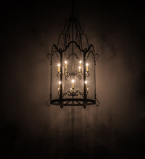 Meyda Lighting Dubrek 33" 12-Light Old Wrought Iron Foyer Lantern Pendant Light With Clear Shade Glass