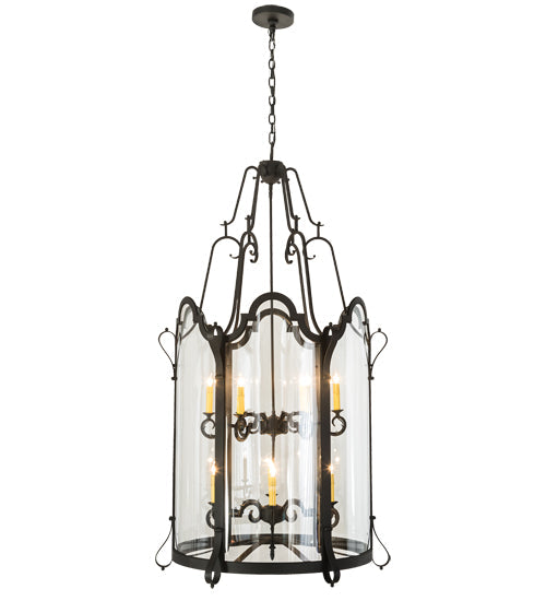 Meyda Lighting Dubrek 33" 12-Light Old Wrought Iron Foyer Lantern Pendant Light With Clear Shade Glass