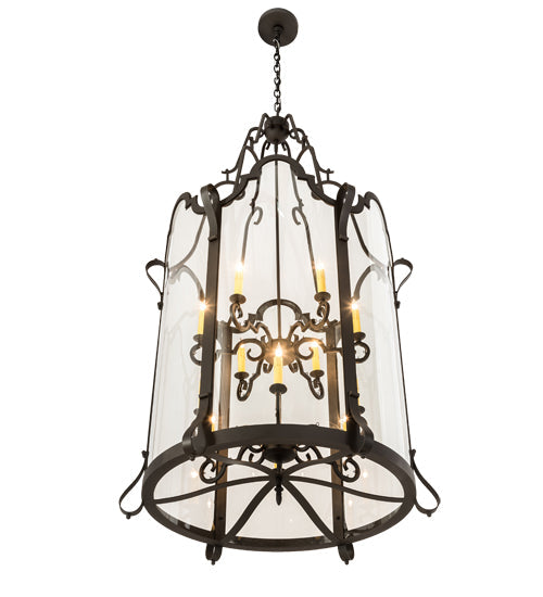 Meyda Lighting Dubrek 33" 12-Light Old Wrought Iron Foyer Lantern Pendant Light With Clear Shade Glass
