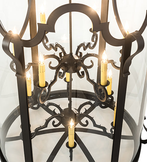 Meyda Lighting Dubrek 33" 12-Light Old Wrought Iron Foyer Lantern Pendant Light With Clear Shade Glass