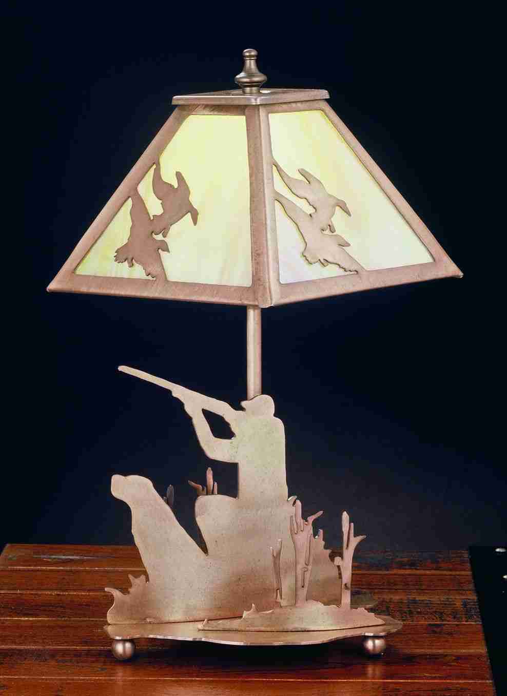 Meyda Lighting Duck Hunter 16" Antique Copper Dog Accent Table Lamp With Amber Mica Shade Glass