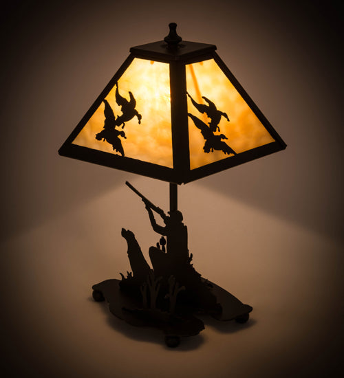 Meyda Lighting Duck Hunter 16" Textured Black Dog Accent Table Lamp With Beige Art Shade Glass