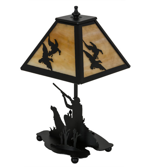 Meyda Lighting Duck Hunter 16" Textured Black Dog Accent Table Lamp With Beige Art Shade Glass