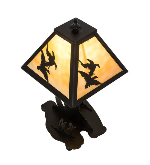 Meyda Lighting Duck Hunter 16" Textured Black Dog Accent Table Lamp With Beige Art Shade Glass