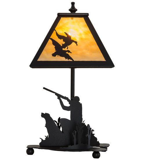 Meyda Lighting Duck Hunter 16" Textured Black Dog Accent Table Lamp With Beige Art Shade Glass