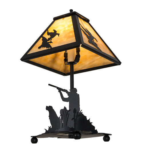 Meyda Lighting Duck Hunter 16" Textured Black Dog Accent Table Lamp With Beige Art Shade Glass