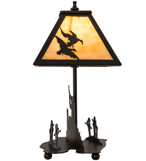 Meyda Lighting Duck Hunter 16" Textured Black Dog Accent Table Lamp With Beige Art Shade Glass