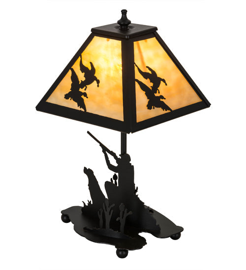 Meyda Lighting Duck Hunter 16" Textured Black Dog Accent Table Lamp With Beige Art Shade Glass
