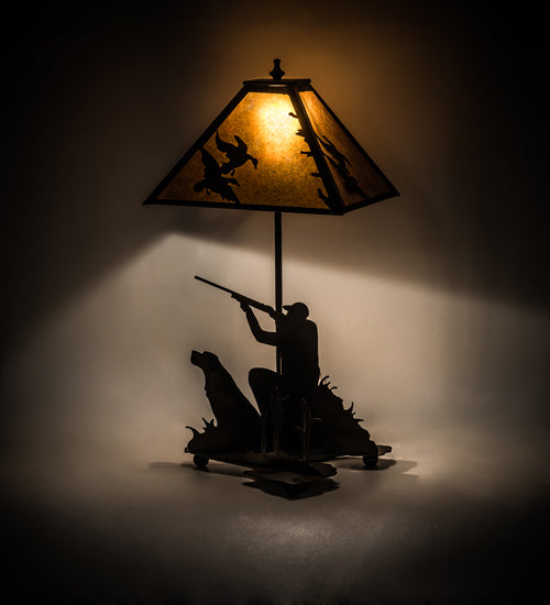 Meyda Lighting Duck Hunter 20" 2-Light Antique Copper Dog Table Lamp With Amber Mica Shade Glass