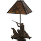 Meyda Lighting Duck Hunter 20" 2-Light Antique Copper Dog Table Lamp With Amber Mica Shade Glass