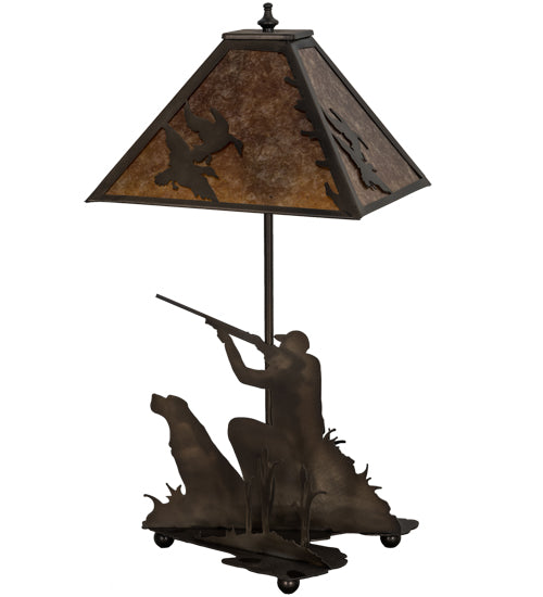 Meyda Lighting Duck Hunter 20" 2-Light Antique Copper Dog Table Lamp With Amber Mica Shade Glass