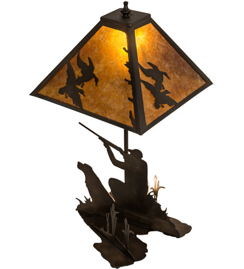 Meyda Lighting Duck Hunter 20" 2-Light Antique Copper Dog Table Lamp With Amber Mica Shade Glass