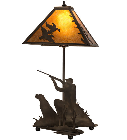 Meyda Lighting Duck Hunter 20" 2-Light Antique Copper Dog Table Lamp With Amber Mica Shade Glass