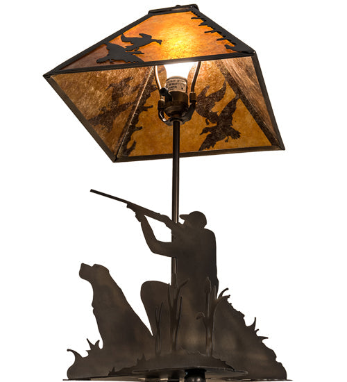 Meyda Lighting Duck Hunter 20" 2-Light Antique Copper Dog Table Lamp With Amber Mica Shade Glass