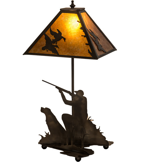 Meyda Lighting Duck Hunter 20" 2-Light Antique Copper Dog Table Lamp With Amber Mica Shade Glass