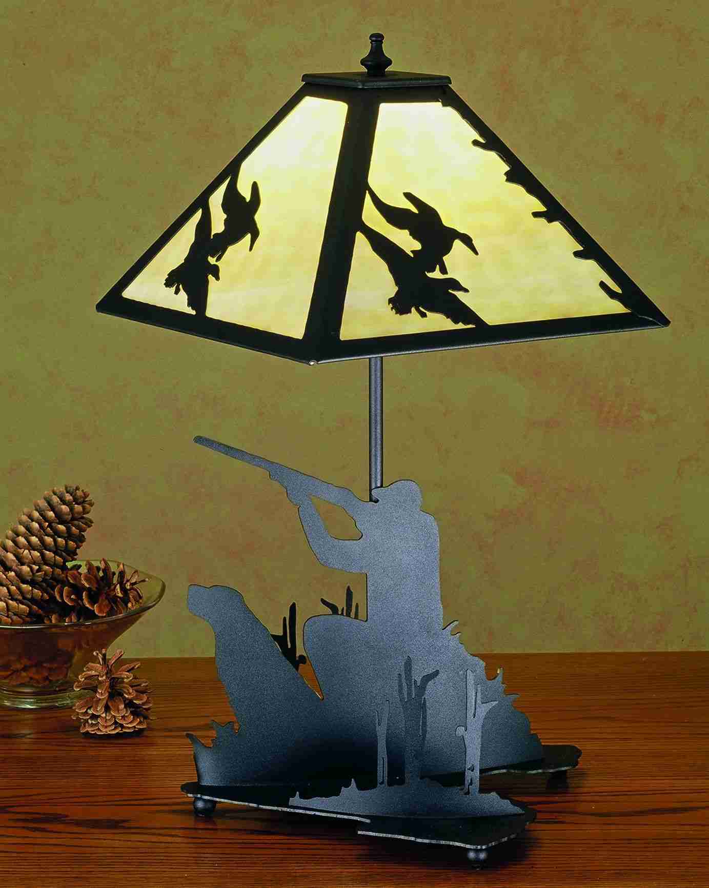 Meyda Lighting Duck Hunter 20" 2-Light Black Table Lamp With Beige Art Shade Glass