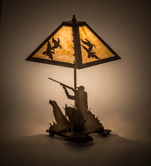 Meyda Lighting Duck Hunter 21" 2-Light Antique Copper Dog Table Lamp With Beige Art Shade Glass