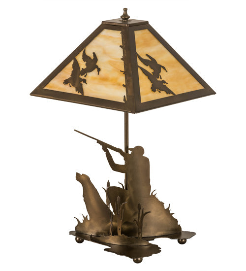 Meyda Lighting Duck Hunter 21" 2-Light Antique Copper Dog Table Lamp With Beige Art Shade Glass