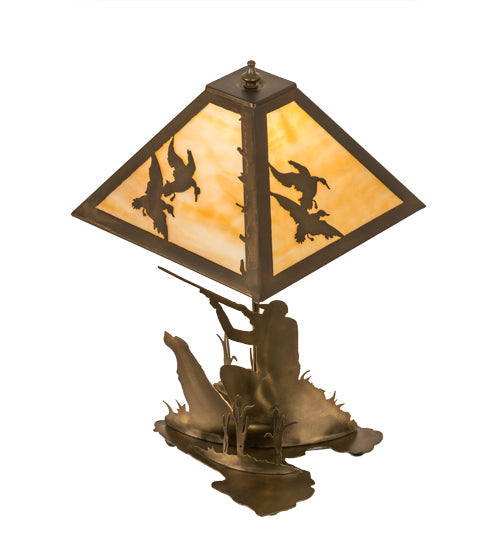 Meyda Lighting Duck Hunter 21" 2-Light Antique Copper Dog Table Lamp With Beige Art Shade Glass