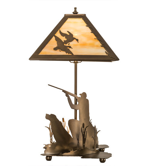 Meyda Lighting Duck Hunter 21" 2-Light Antique Copper Dog Table Lamp With Beige Art Shade Glass