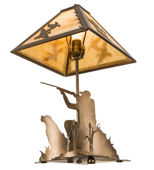 Meyda Lighting Duck Hunter 21" 2-Light Antique Copper Dog Table Lamp With Beige Art Shade Glass